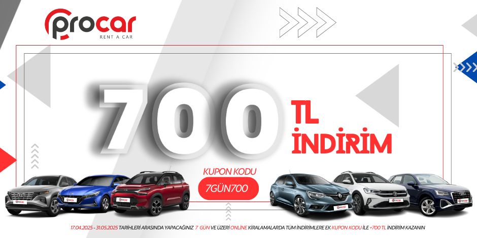 17.04.2025 - 31.05.2025 TARİHLERİ ARASINDA YAPACAĞINIZ  7  GÜN VE ÜZERİ ONLİNE KİRALAMALARDA TÜM İNDİRİMLERE EK KUPON KODU İLE +700 TL İNDİRİM KAZANIN